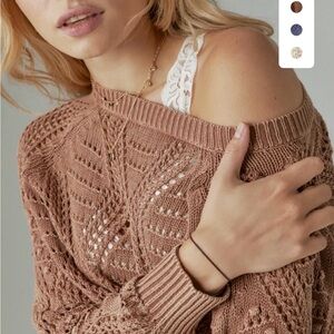 Lucky Brand XL Open Stitch Pullover Sweater Macchiato Acid Wash Crew Long Sleeve